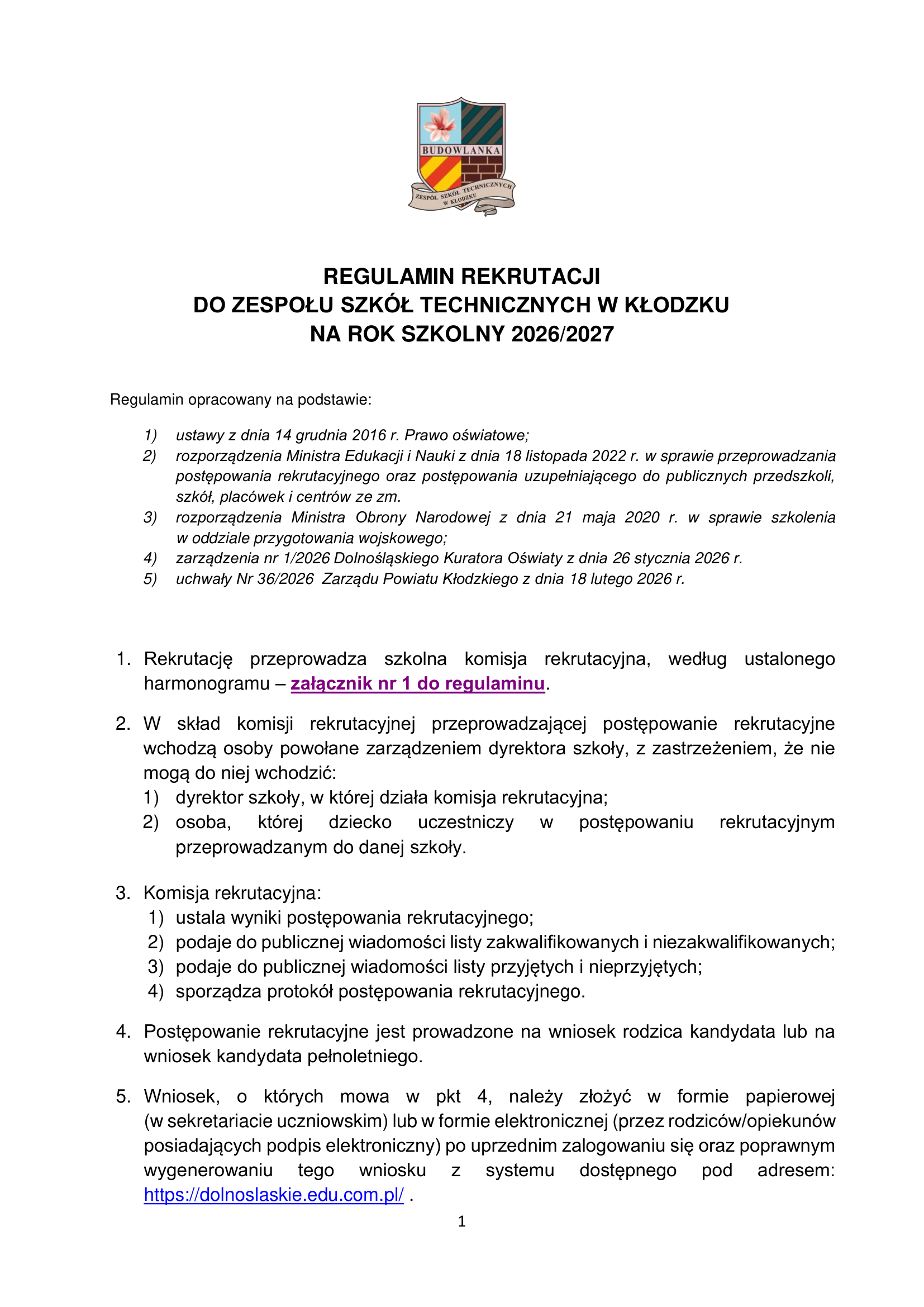 Regulamin rekrutacji 2026/27